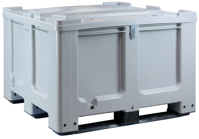 Palettenbox 610 l mit Scharnierdeckel und Verschlußvorrichtung, 3 Kufen